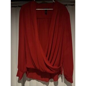 INC Red Wrap-Front High Low Blouse-long Sleeves-Red- 18W